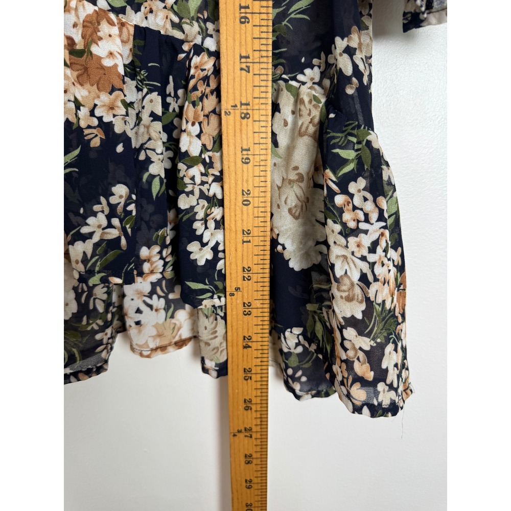 Boho Umgee Womens L Blouse Navy Floral Ruffle Peplum Tassel Chiffon C2536 - Picture 6 of 9